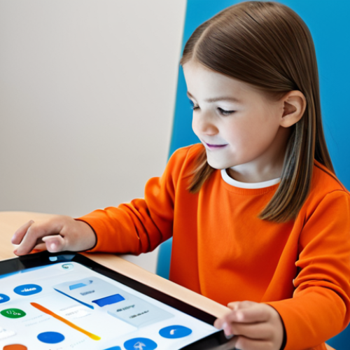 Home 15 A focused child with special needs, fully clothed in modest attire, is engaged with a tablet displaying a communication app (AAC). A kind adult, professionally dressed, is gently guiding their hand, in a brightly lit, organized therapy room. The scene emphasizes supportive learning and communication, safe for work, appropriate content, fully clothed, family-friendly, perfect anatomy, correct proportions, natural pose, well-formed hands, proper finger count, natural body proportions, professional photography, high quality.