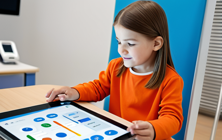 A focused child with special needs, fully clothed in modest attire, is engaged with a tablet displaying a communication app (AAC). A kind adult, professionally dressed, is gently guiding their hand, in a brightly lit, organized therapy room. The scene emphasizes supportive learning and communication, safe for work, appropriate content, fully clothed, family-friendly, perfect anatomy, correct proportions, natural pose, well-formed hands, proper finger count, natural body proportions, professional photography, high quality.
