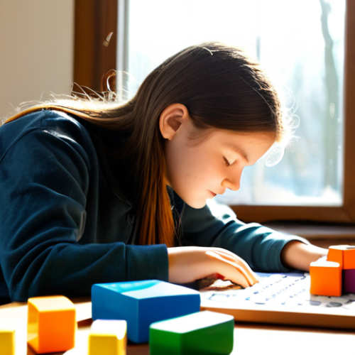 Home 14 Understanding Dyslexia**
"A young student, fully clothed in casual and modest attire, attentively working with colorful blocks and letter tiles on a desk. Sunlight streams through a window, illuminating a cozy classroom. The student is demonstrating progress in reading with the help of a supportive teacher. Perfect anatomy, correct proportions, well-formed hands, natural pose, safe for work, appropriate content, family-friendly, professional illustration, educational setting."
**